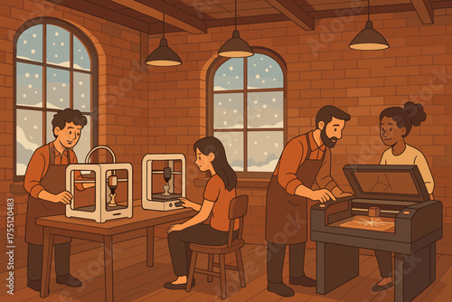 Creative workshop scene with 3 people working on projects in a cozy space