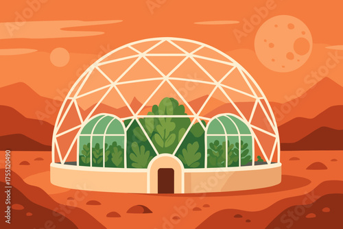 Greenhouse structure in a Martian landscape showcasing innovative technology for extraterrestrial agriculture