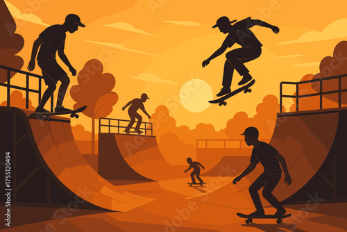 Evening skateboarding session at a park under a vibrant sunset with skaters performing tricks