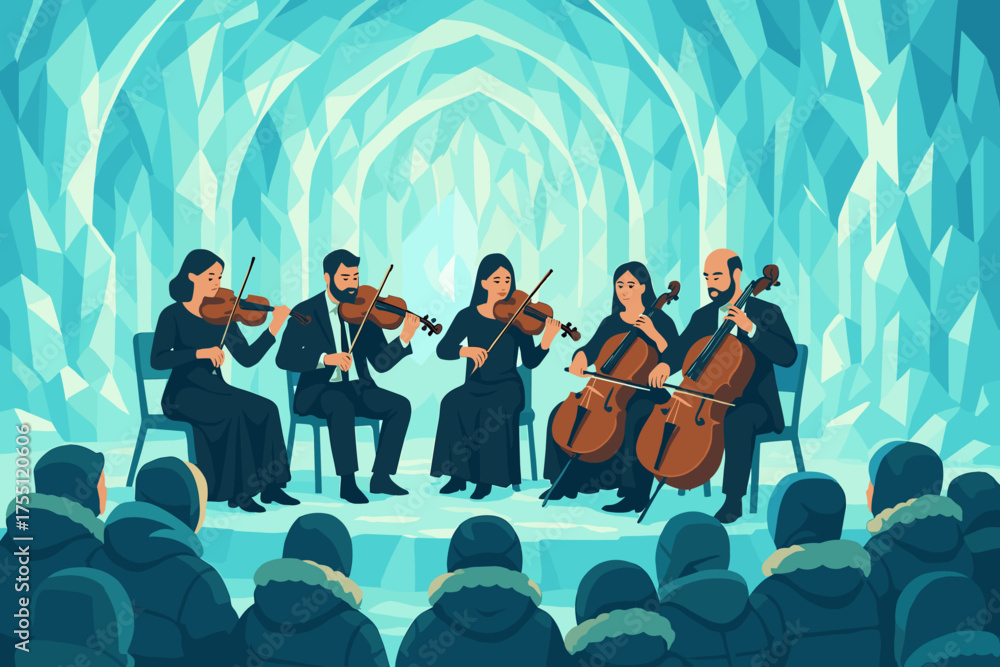 Fototapeta premium Classical music concert performed by a string quartet in a frozen cave at night