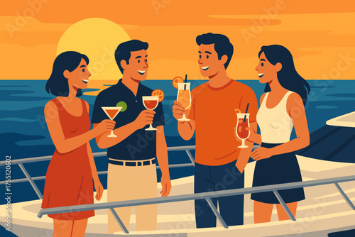 Friends enjoying drinks on a boat during sunset at the sea with colorful cocktails