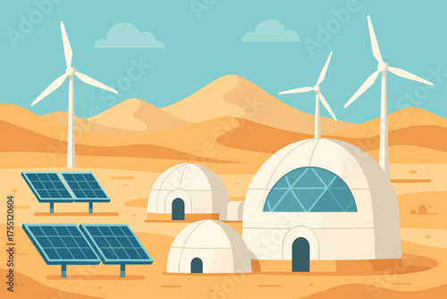 Sustainable living in desert landscape with wind turbines and solar panels