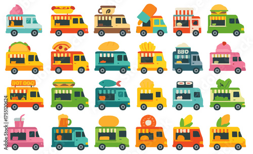 Colorful food trucks lined up serving various delicious foods at a lively festival in the afternoon