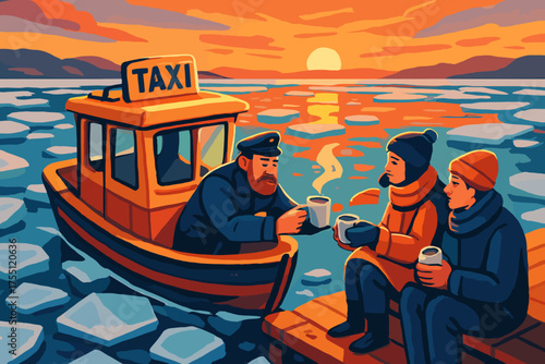 Warm drinks shared on a taxi boat as the sun sets over icy waters in a tranquil evening scene
