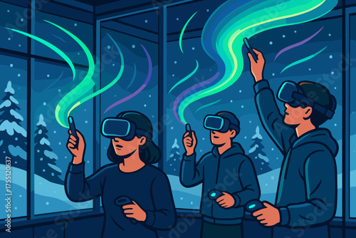 Winter evening virtual reality experience with diverse participants creating digital art