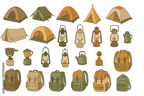 Camping gear collection featuring tents, lanterns, cooking equipment, and backpacks in various colors and styles