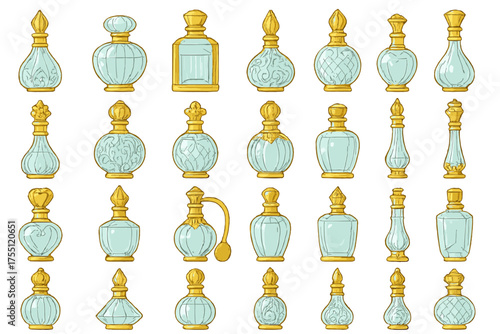 Collection of vintage perfume bottles displayed in various elegant designs and shapes