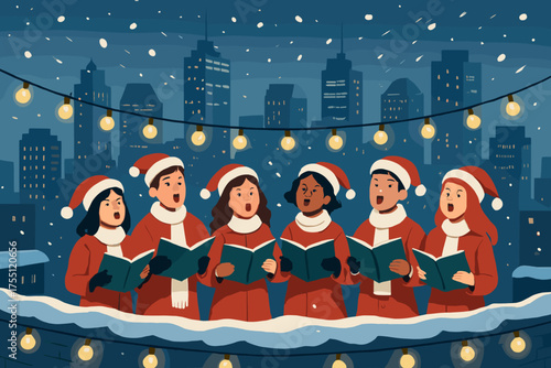 Christmas carolers sing joyfully on a snowy evening in a festive urban setting
