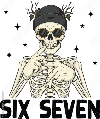 Cool Skeleton Illustration with Sunglasses, Beanie, and Hand Sign – Urban Street Art Design with Six Seven Text