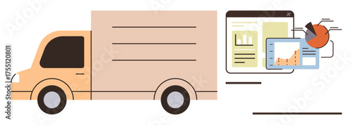 Truck transporting digital data charts, including bar graphs and pie charts, symbolizing logistics, data analytics, and efficiency. Ideal for delivery, shipping, supply chain, technology analysis