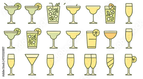 Variety of refreshing cocktails and drinks on a bright and cheerful background suitable for summer gatherings