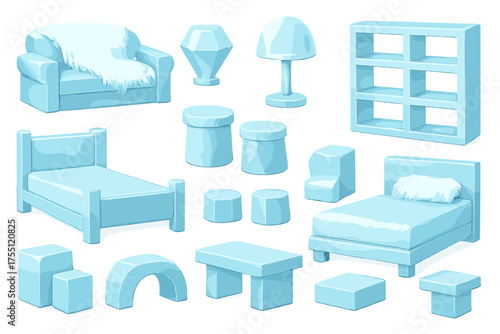 Modern blue furniture set for children's playroom or creative spaces showcasing playful shapes and soft textures