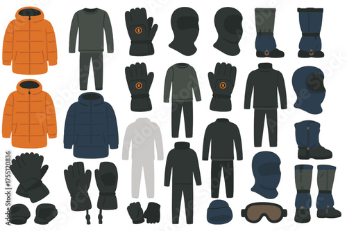 Winter clothing gear including jackets, gloves, hats, and boots for cold weather protection