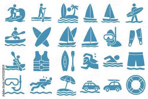 Colorful icons depicting various water sports and activities at the beach featuring surfing, kayaking, sailing, and swimming