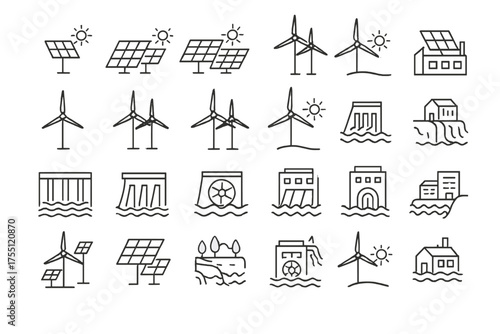 Icons representing various renewable energy sources in a clean and modern design suitable for educational or informational purposes