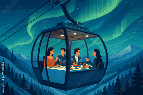 Dining in a gondola while enjoying northern lights in a scenic mountain landscape during the evening hours
