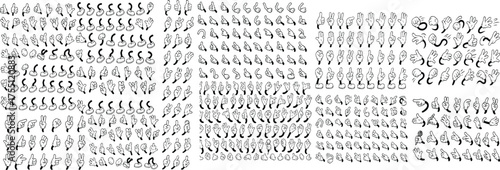 Retro cartoon legs and hands, Hands with gloves and feet with boots, various poses for characters, a set of poses, gestures, placement of hands and feet. Mascot character set.