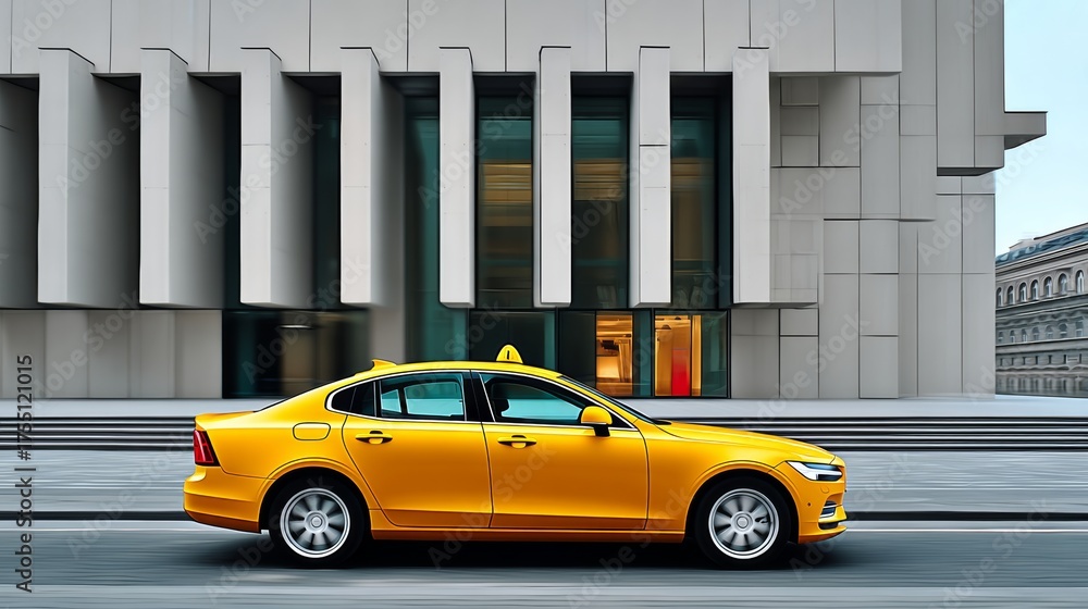 Fototapeta premium Yellow taxi cab parked on city street, showcasing modern architecture in the background, with clean lines and geometric shapes, emphasizing urban transportation and contemporary design aesthetics