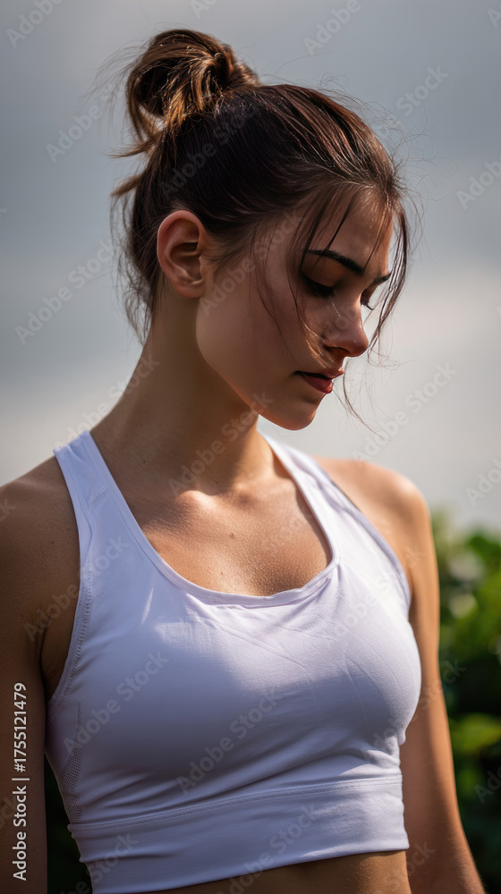 Fototapeta premium Young Woman in White Sports Bra Posing Outdoors on a Cloudy Day