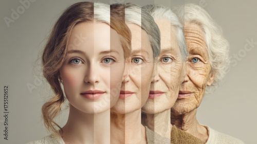 A series of portraits shows the gradual aging of a woman from youthful beauty to wise elder. Each stage captures different features and expressions illustrating the passage of time.