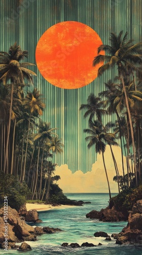 Painting of a tropical scene with palm trees and a red sun