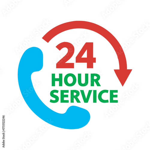 24 hour service phone icon with red arrow clock symbol declarative graphic isolated on white background