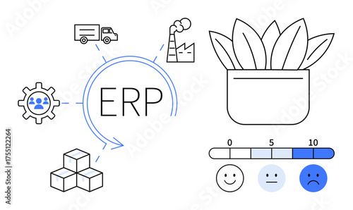 ERP cycle linked with factory, delivery truck, gear, cubes, plant pot, and satisfaction scale. Ideal for technology, business, logistics sustainability resource planning decision-making simple