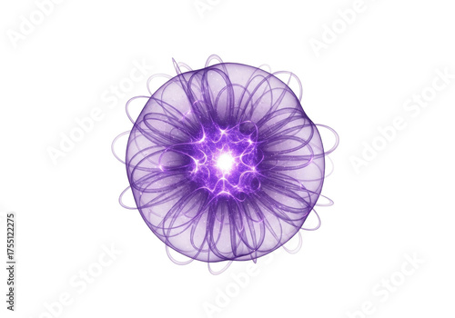 Ethereal deep violet energy discharge, spherical with glowing core & luminous swirling tendrils, gently pulsating on transparent background with copy space, concept of profound mystery
