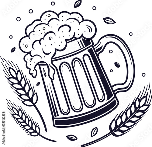 Vintage vector illustration of a cartoon beer mug label design for a restaurant menu sign