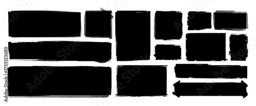 Grunge Rectangle Brush Stroke Banner Set in Black. Collection of black grunge-style rectangular brush strokes. Ideal for labels, backgrounds, banners. Vector grunge template set for text