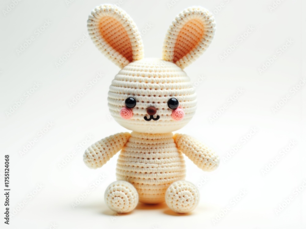 Obraz premium Handmade crochet bunny toy with pink cheeks and black button eyes on a white background
