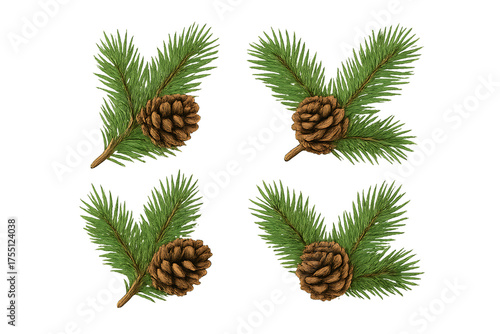 Set of green pine leaf branch with cone fruit isolated a transparent background