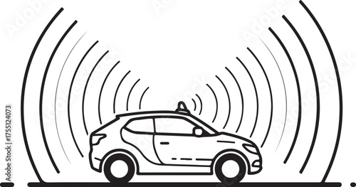 Autonomous vehicle driving with smart technology and sensor system illustration black and white outline drawing