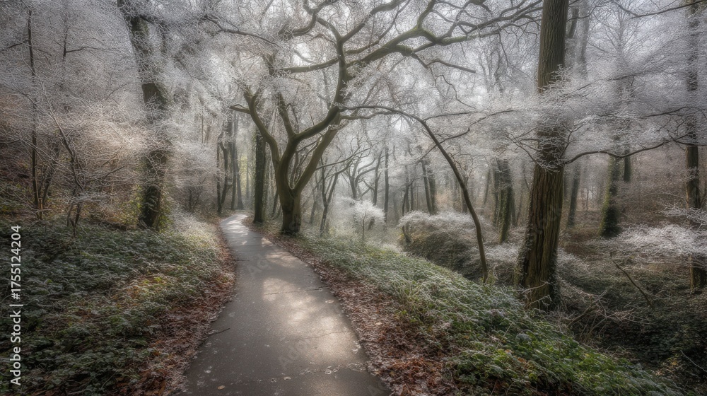 Obraz premium Tranquil winter walk enchanted forest nature scene frosty atmosphere serene pathway reflection on peace