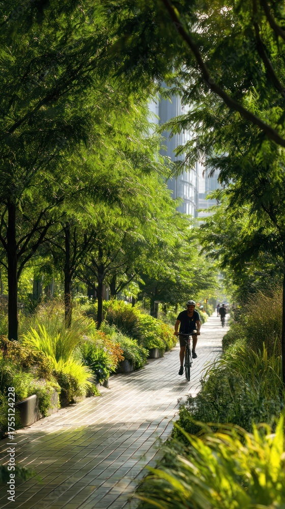 Obraz premium A cyclist rides down a sunlit path bordered by lush greenery and tall city buildings