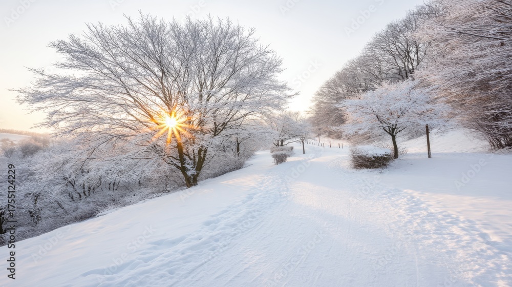 Fototapeta premium Winter sunrise over snowy landscape nature photography serene environment soft light tranquil viewpoint