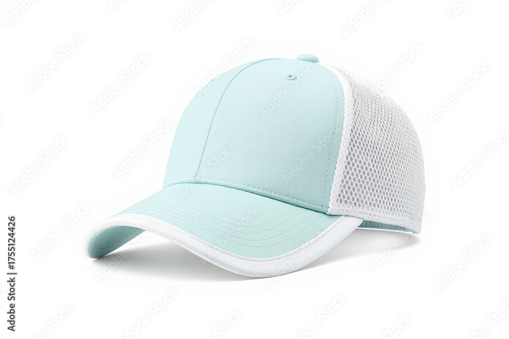 Fototapeta premium Light blue and white baseball cap with mesh back panel isolated on white background