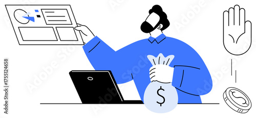 Man holding money bag, analyzing data charts, showcasing financial management. Nearby are a falling coin, stop hand symbol, and laptop. Ideal for finance, budget, investment economy savings