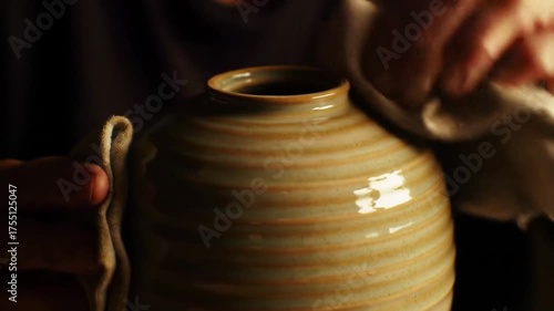 An artisan's hands gently wipe and polish a handcrafted ceramic pottery vase with a soft cloth.