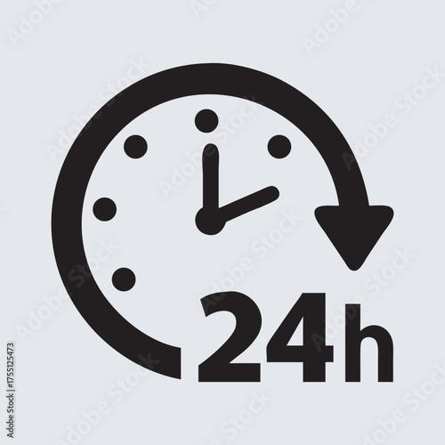 Icon of a clock indicating 24 hour service and availability isolated on white background