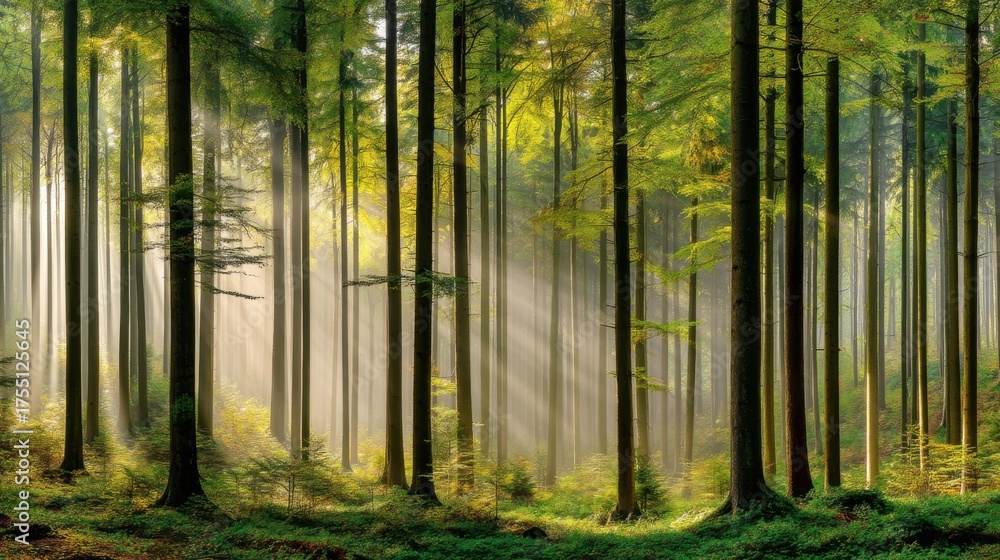Naklejka premium Golden sunlight breaking through tall trees enchanted forest nature photography serene environment captivating viewpoint