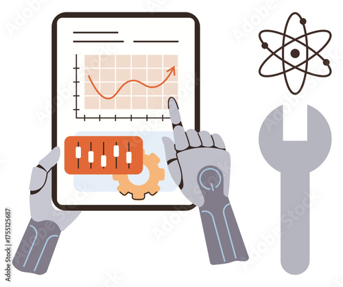 Robotic hands pointing at a tablet displaying growth chart, sliders, and gear wrench and atomic model nearby. Ideal for AI, robotics, technology, innovation, data science, progress engineering