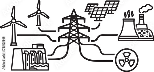 Diverse energy sources feeding into power grid transmission lines illustration in black and white