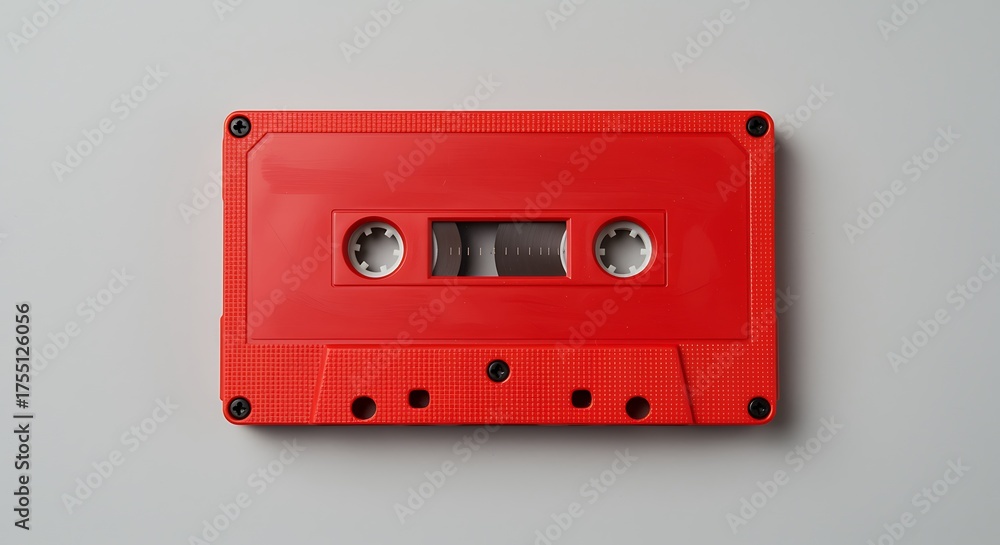 Fototapeta premium A vibrant red audio cassette tape, a nostalgic symbol of analog music, isolated on a clean white background, evoking retro vibes and vintage sound