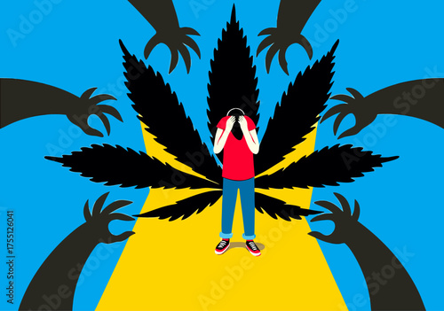 Young Man Overwhelmed by Cannabis Leaf Shadow and Looming Hands