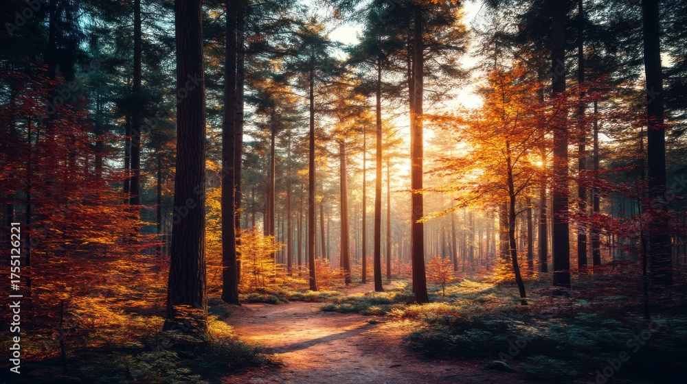 Fototapeta premium Captivating autumn sunrise over forest trail nature scene morning light peaceful environment scenic view