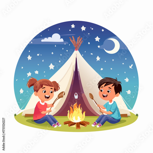 Lachende Kinder beim Zelten