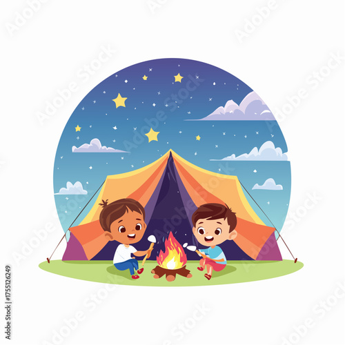 Lachende Kinder beim Zelten