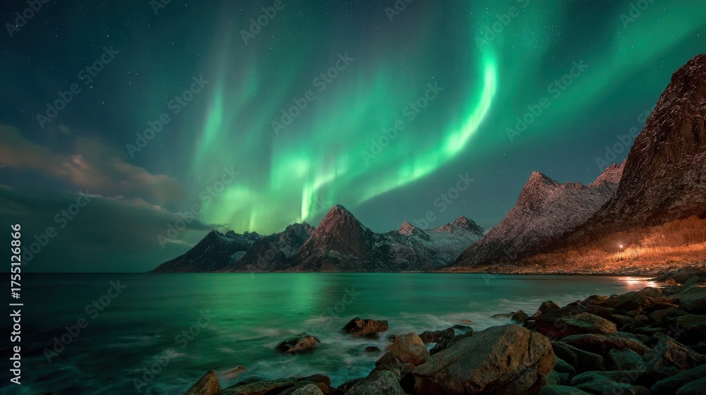 Naklejka premium Bright green lights fill the night sky as the aurora borealis illuminates the mountains and water in a tranquil setting. This stunning natural display captivates viewers under a clear sky.