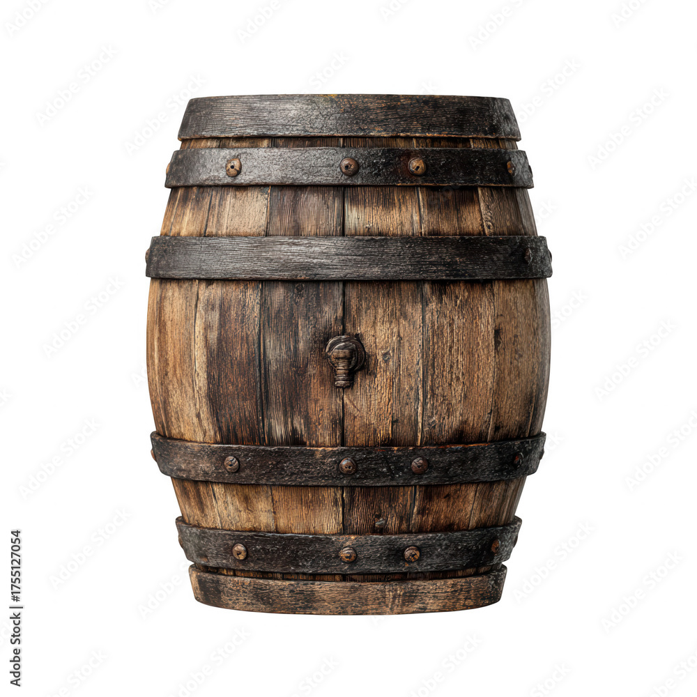 Obraz premium A rustic wooden barrel with aged metal hoops and a spigot isolated on a isolated on transparent background, perfect cutout, PNG